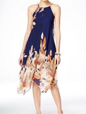 INC Dress with Handkerchief Hem - Navy Floral Shift Dress